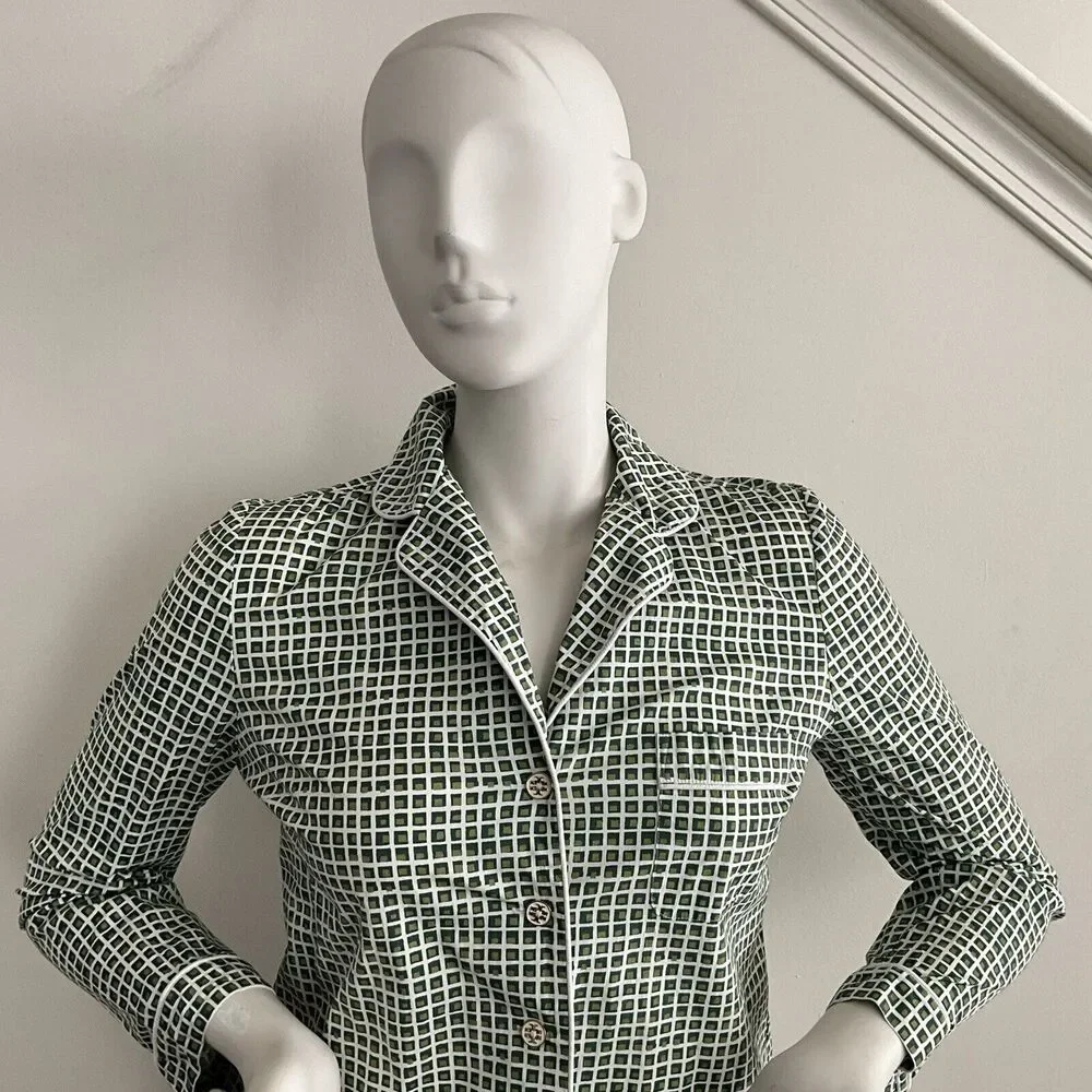 Tory Burch Mirelli Pajama Sleep Shirt Green White S